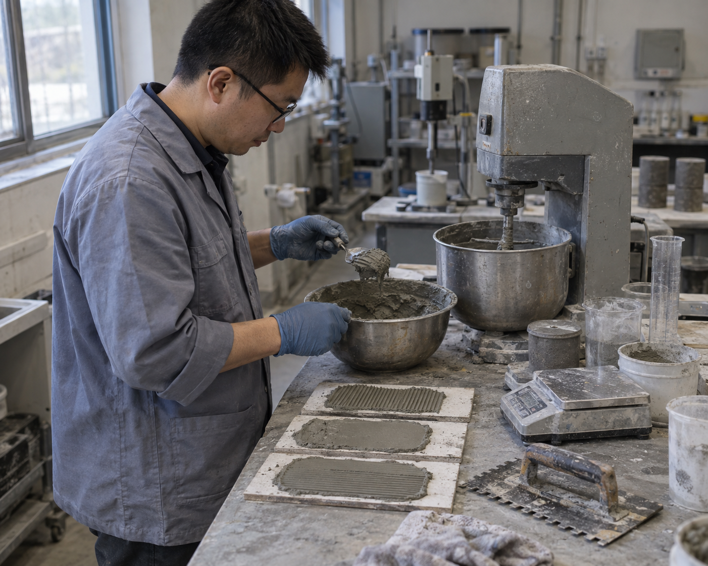 Technical specialist reviewing construction chemical formulation samples in a laboratory