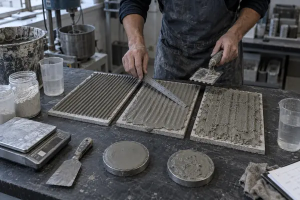 Construction material testing tools and formulation samples on a technical laboratory workbench
