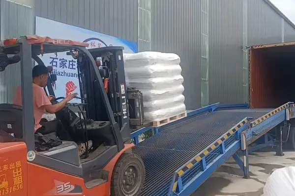 Palletized chemical products organized in a clean warehouse